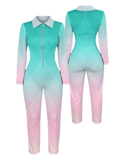 Teal to Pink Gradient Long Sleeve Zip-Up Jumpsuit