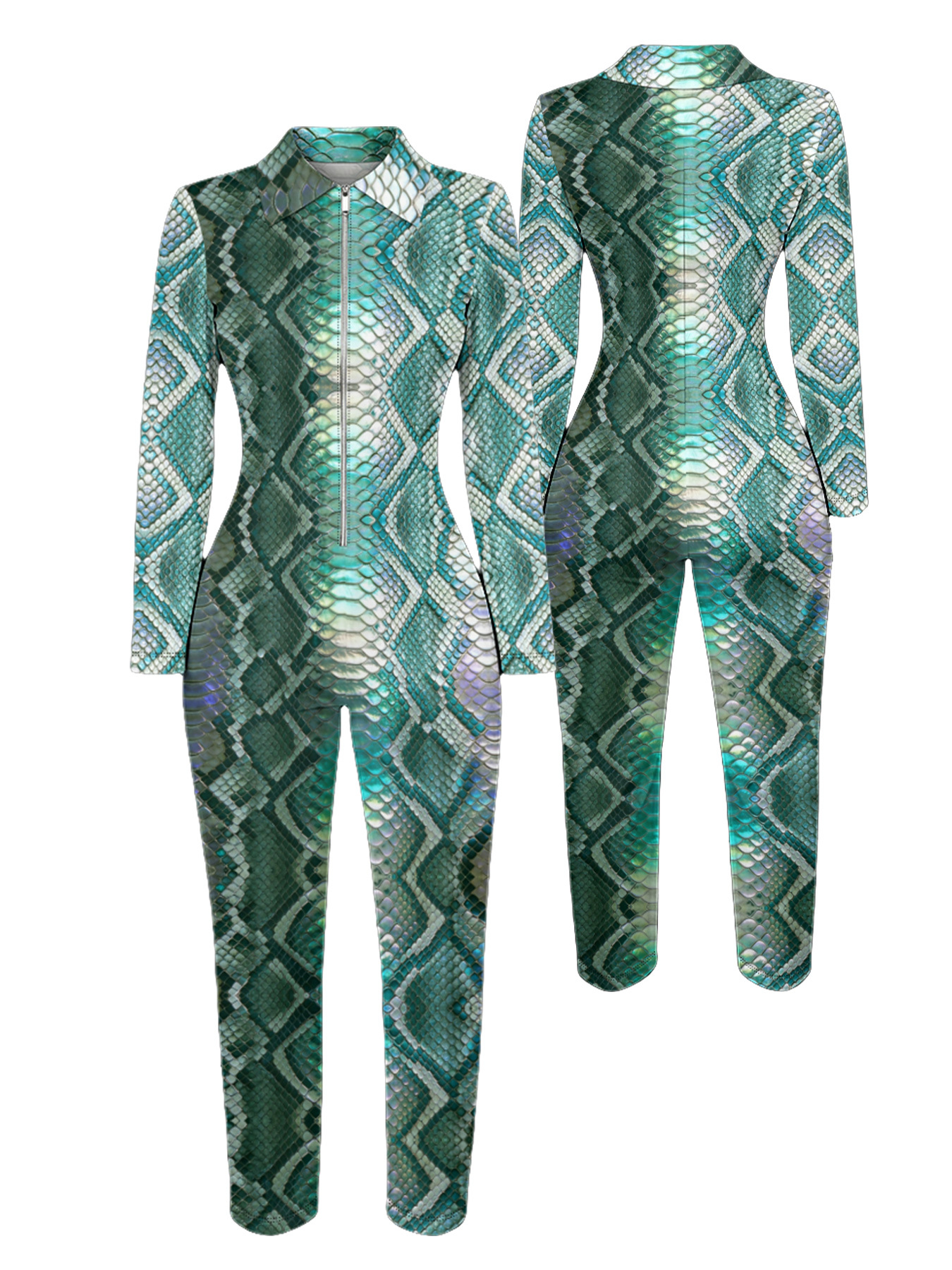 Iridescent Snake Long Sleeve Zip-Up Jumpsuit XYZ412
