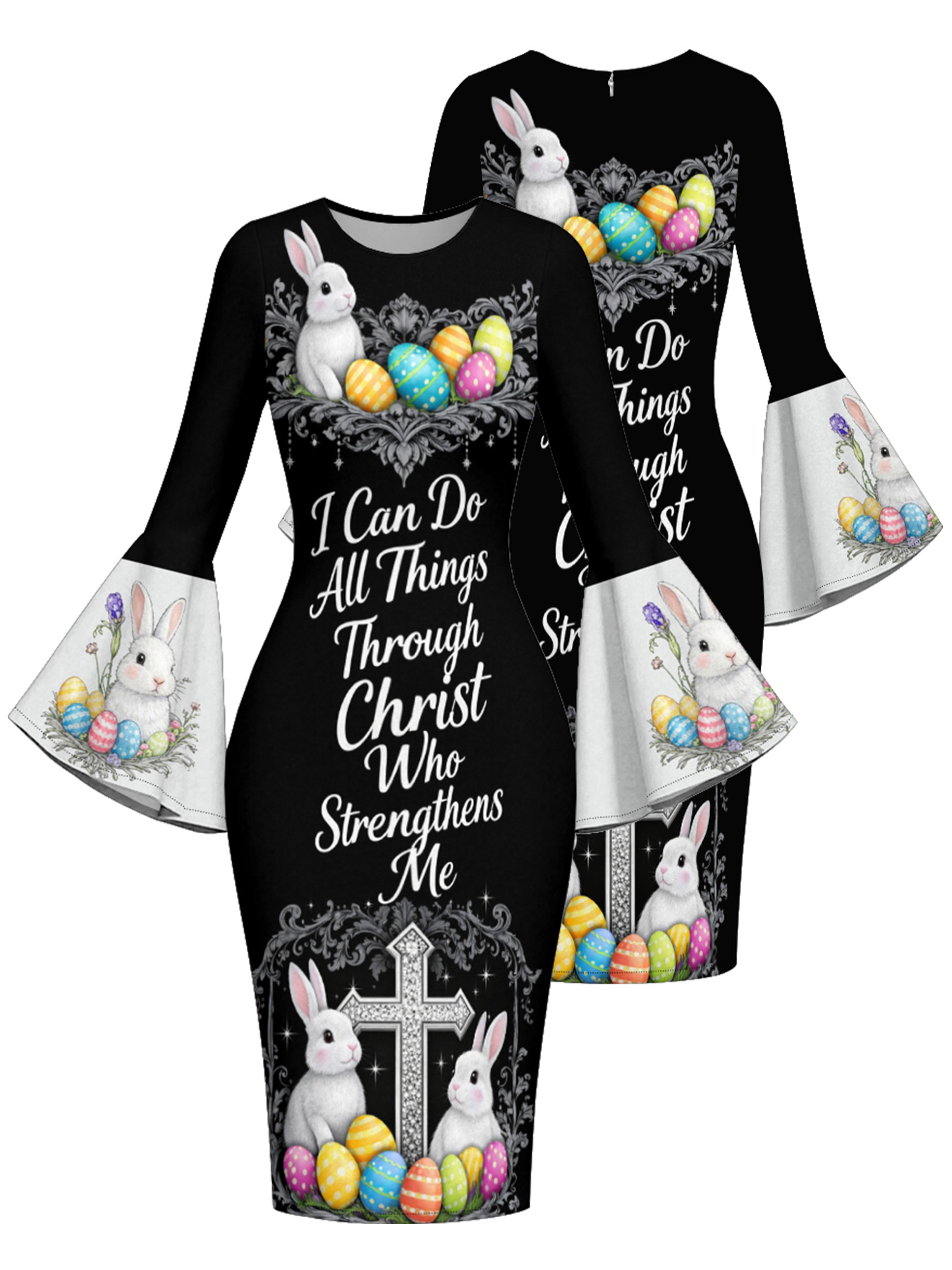 Easter Bunny Christian Cross Flare Sleeve Bodycon Midi Dress