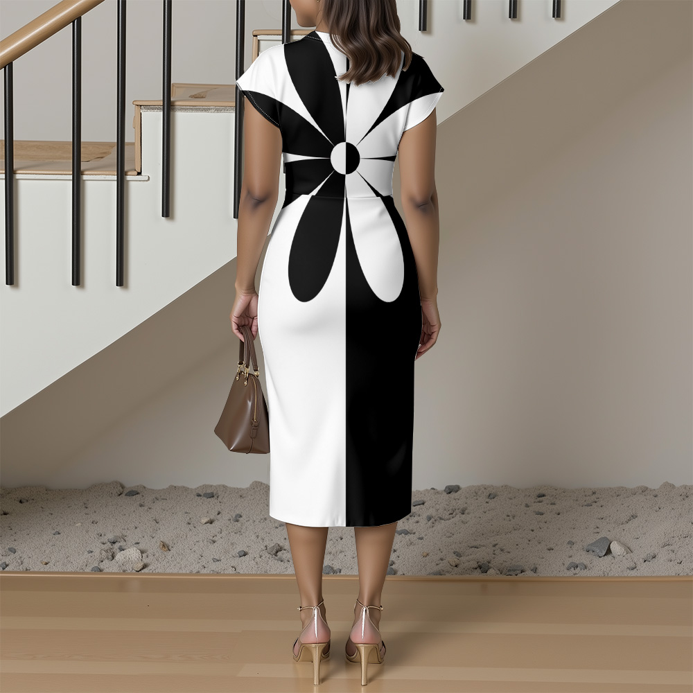 Black & White Floral Cap Sleeve V-Neck Midi Dress