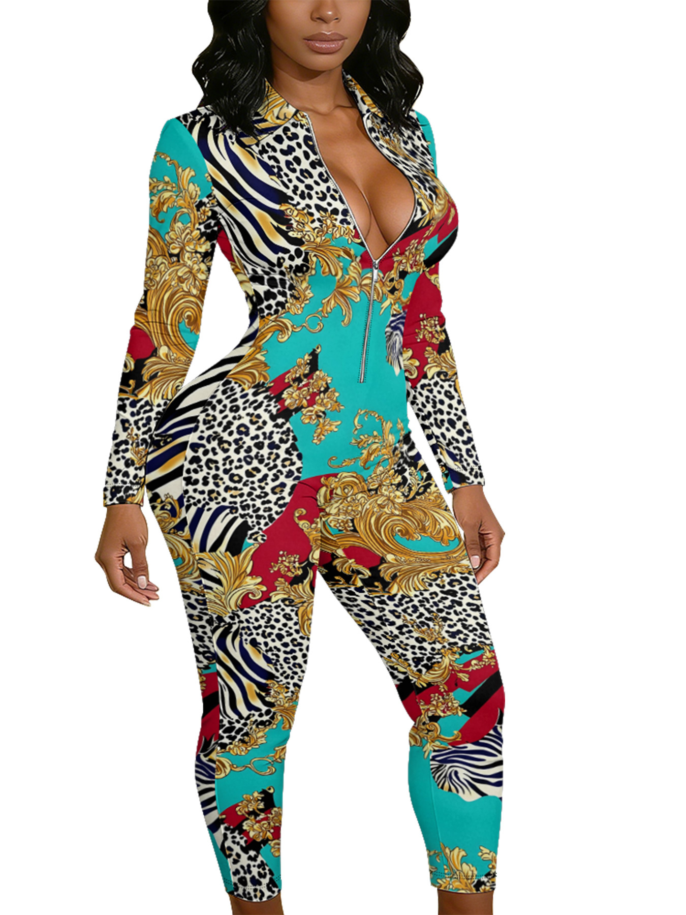 Baroque Safari Queen Long Sleeve Zip-Up Jumpsuit RST403