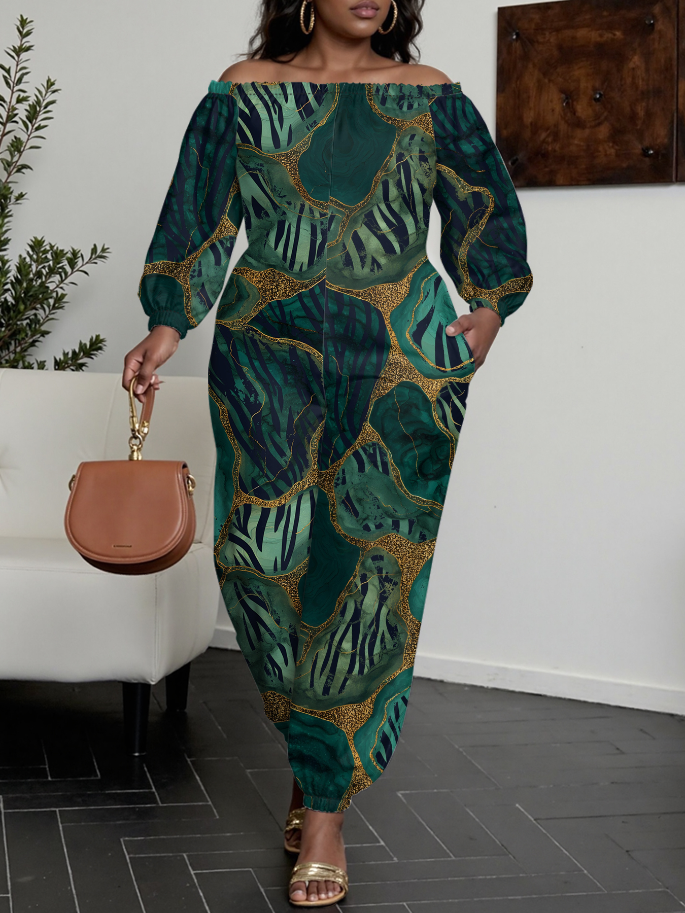 Emerald Green & Gold Marble Off-Shoulder Jumpsuit