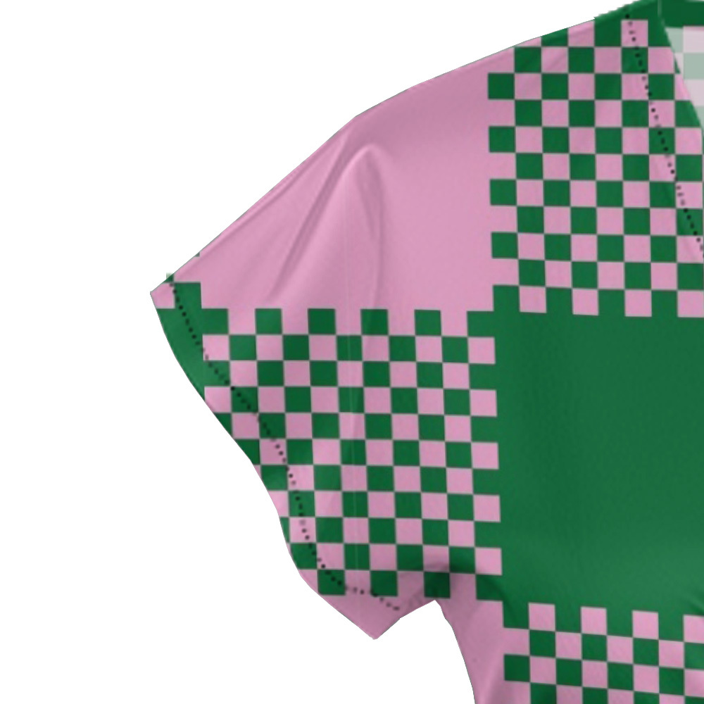 Pink Green Checkerboard Cap Sleeve V-Neck Midi Dress BCF963