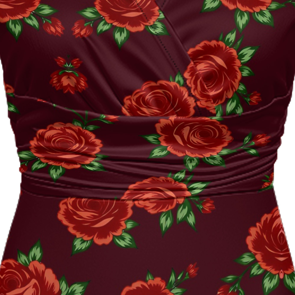 Burgundy Red Rose Cap Sleeve V-Neck Midi Dress AFH531