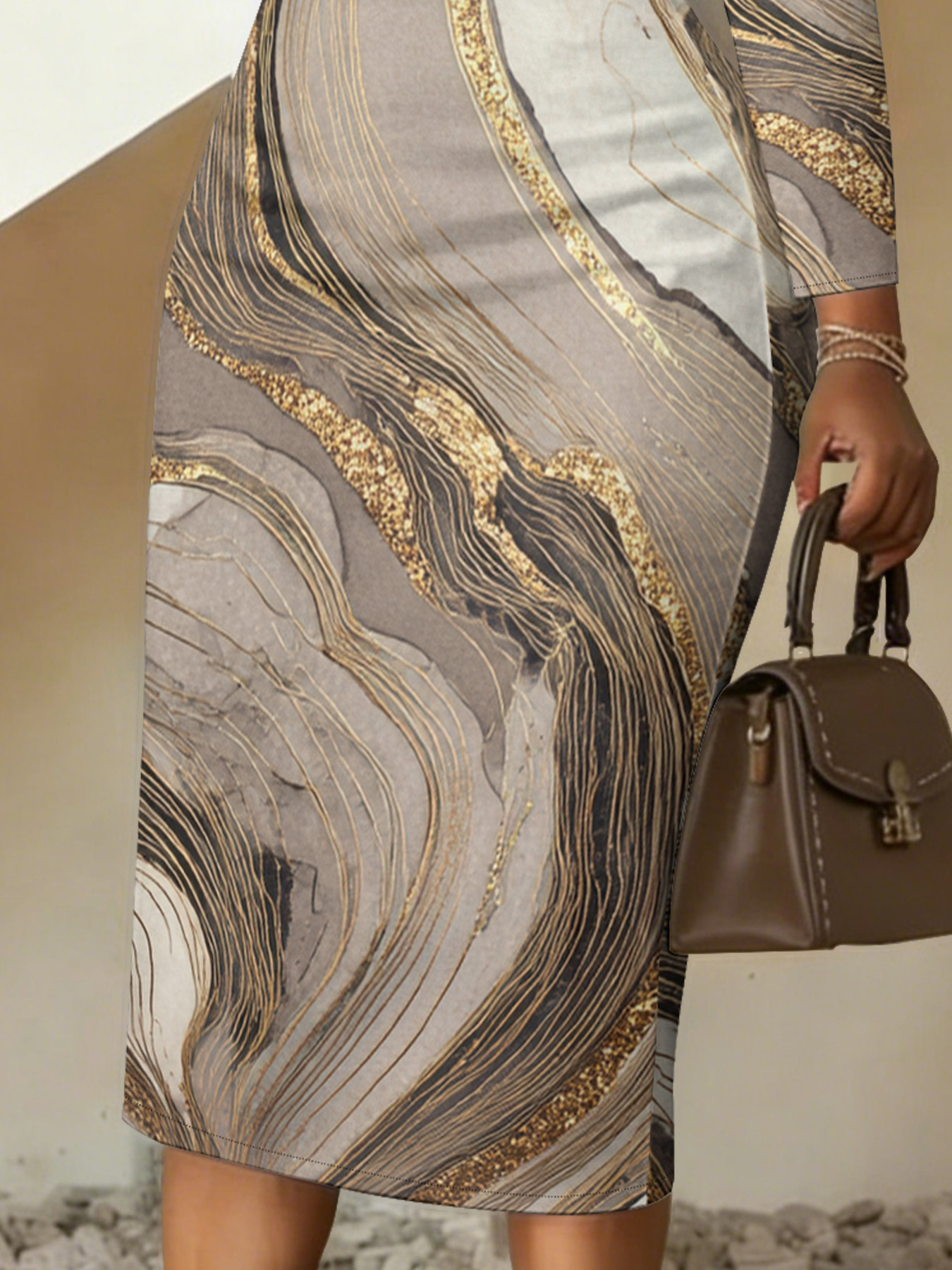 Neutral Gold Wave V-Neck Bodycon Midi Dress