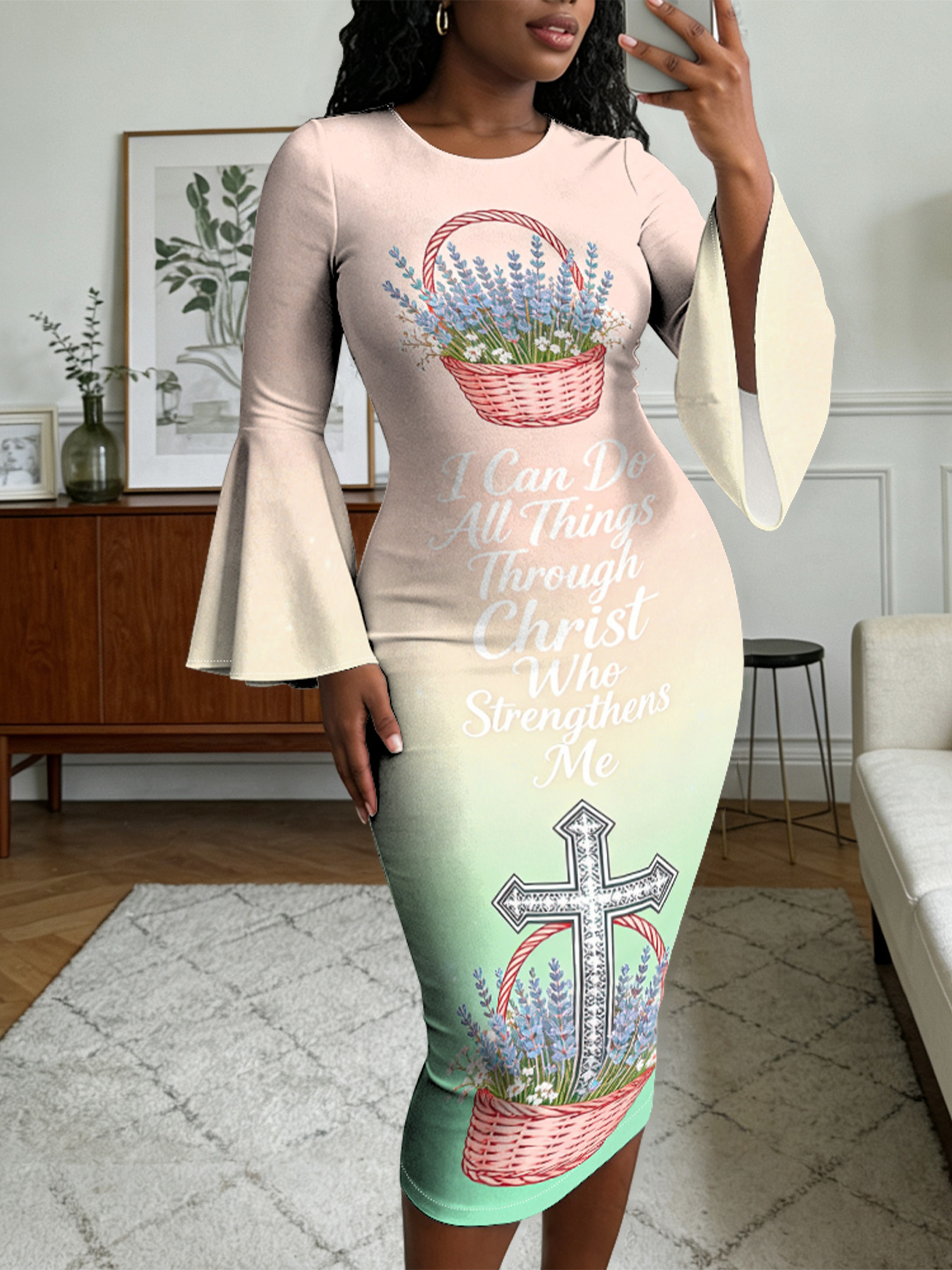 Ombre Pink-Green Lavender Cross Easter Flare Sleeve Bodycon Midi Dress