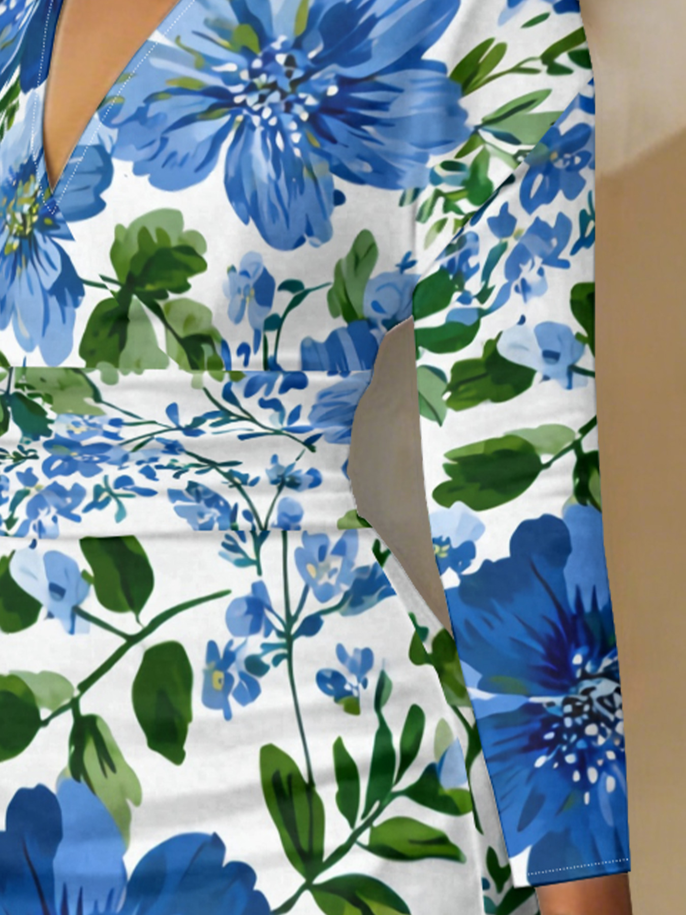 Blue Watercolor Floral V-Neck Bodycon Midi Dress RVJ3927