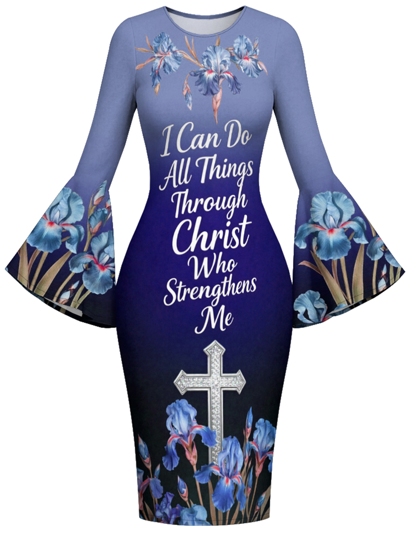 Blue Iris Floral Cross Scripture Easter Flare Sleeve Bodycon Midi Dress JIHB2863