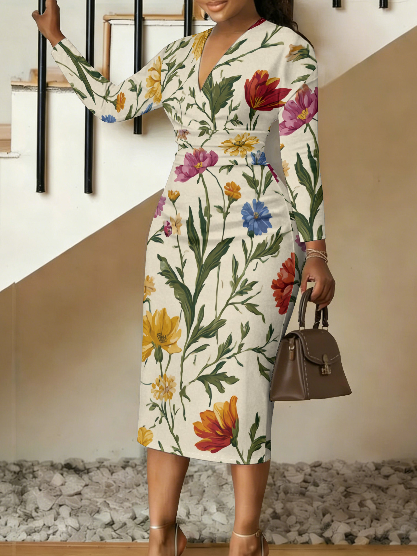 Vintage Botanical Floral V-Neck Bodycon Midi Dress ZBD1756