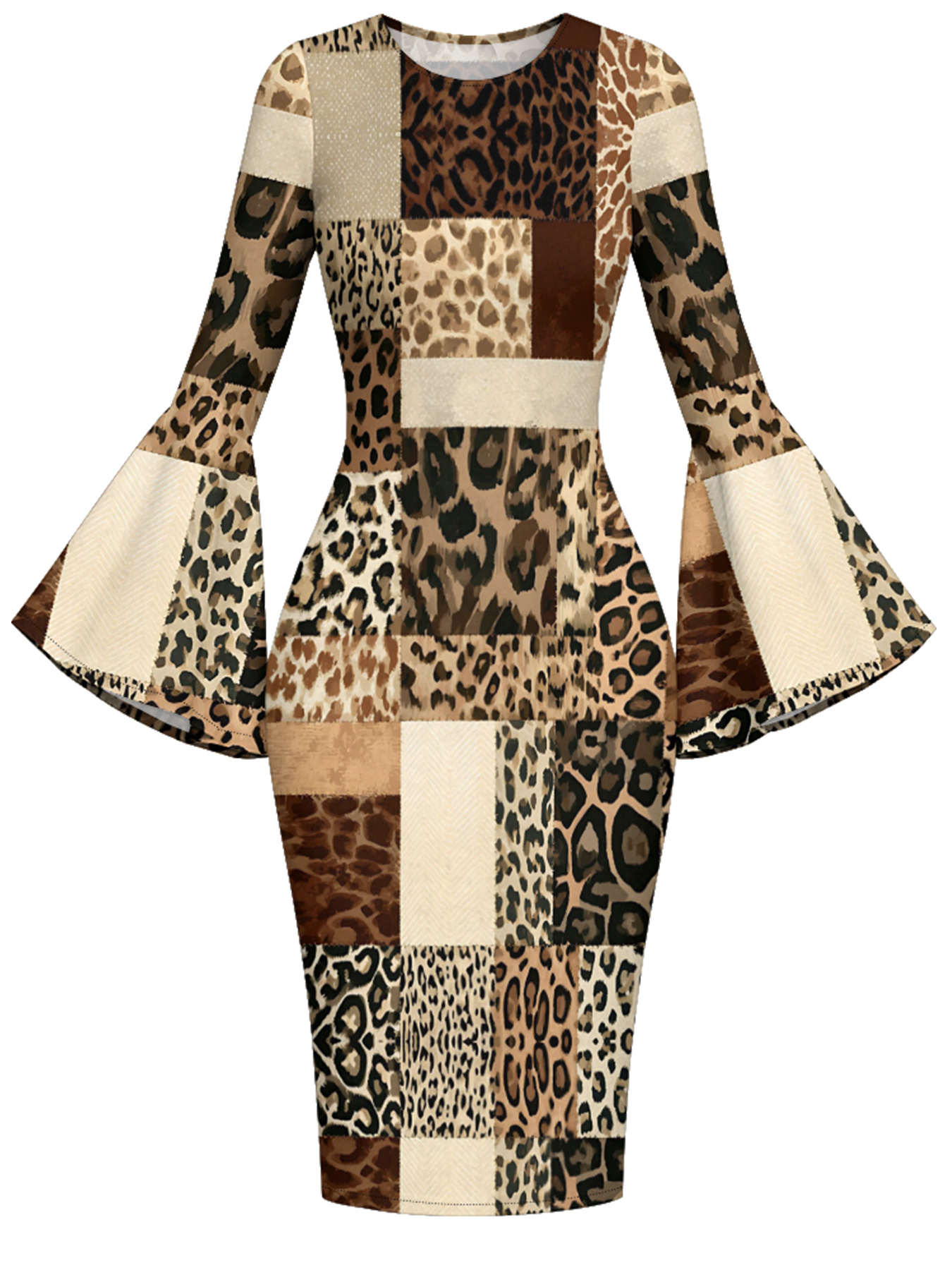 Neutral Patchwork Leopard Print Bell Flare Sleeve Bodycon Midi Dress