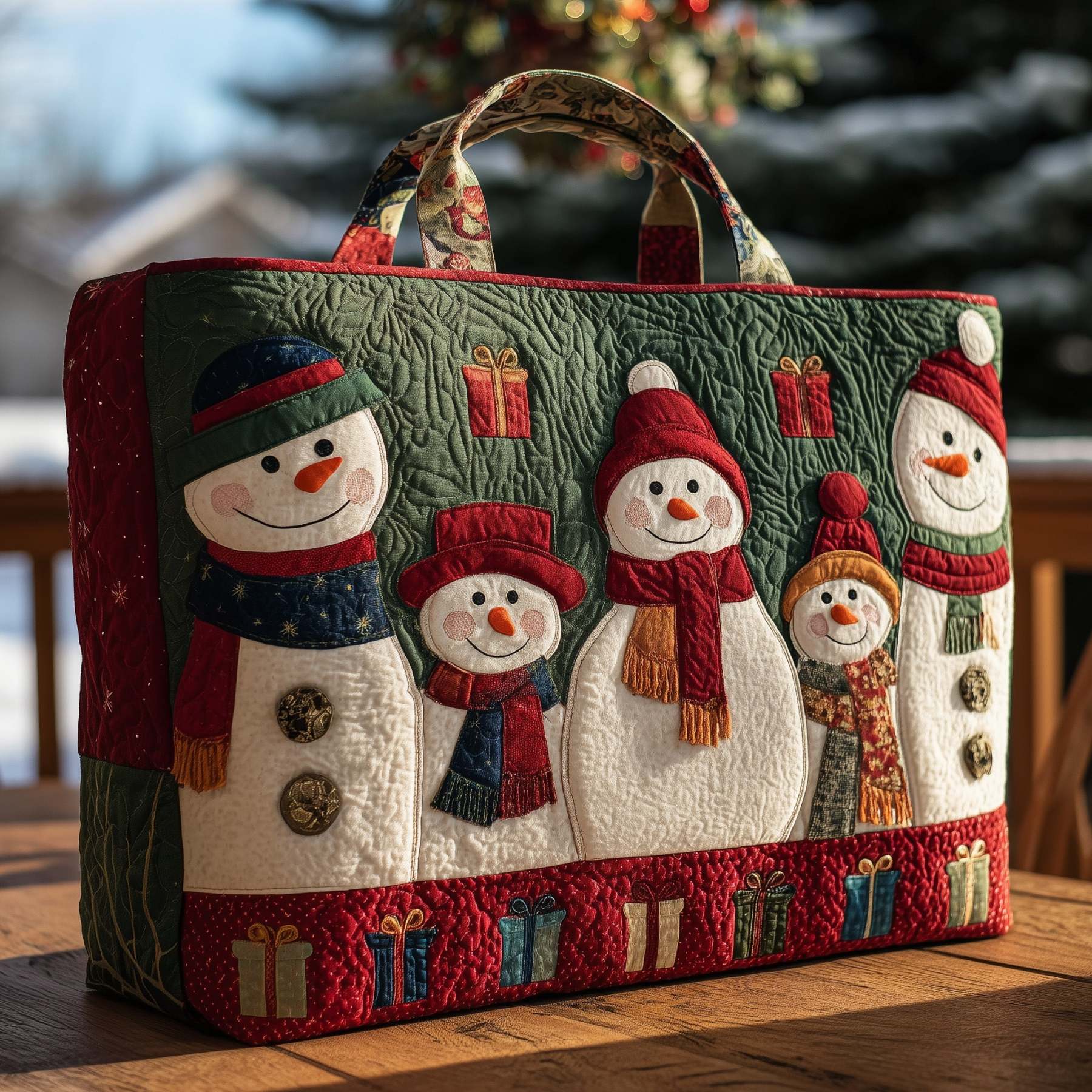 Cheerful Snowman Quilted Tote Bag