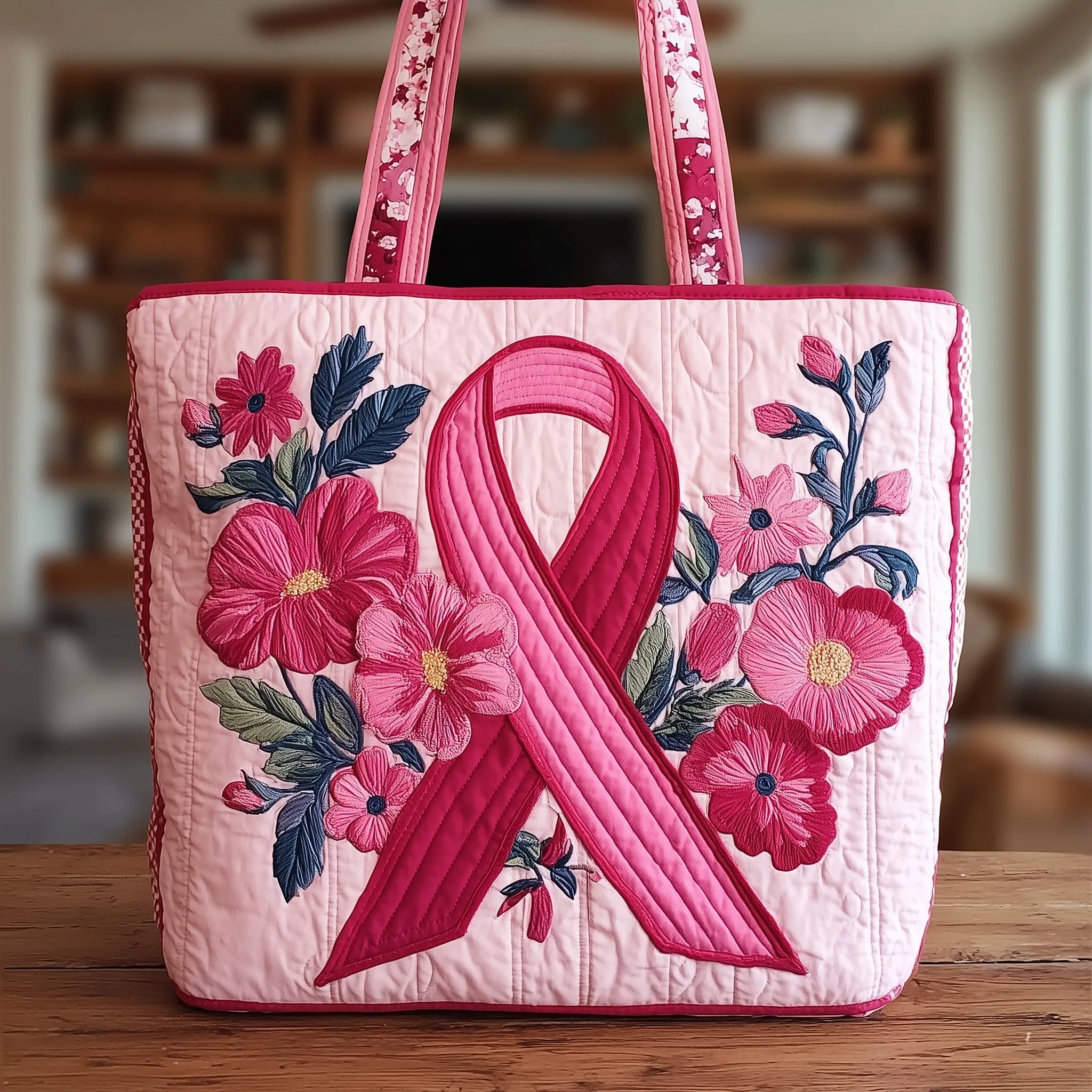 Breast Cancer Ribbon Quilted Tote Bag