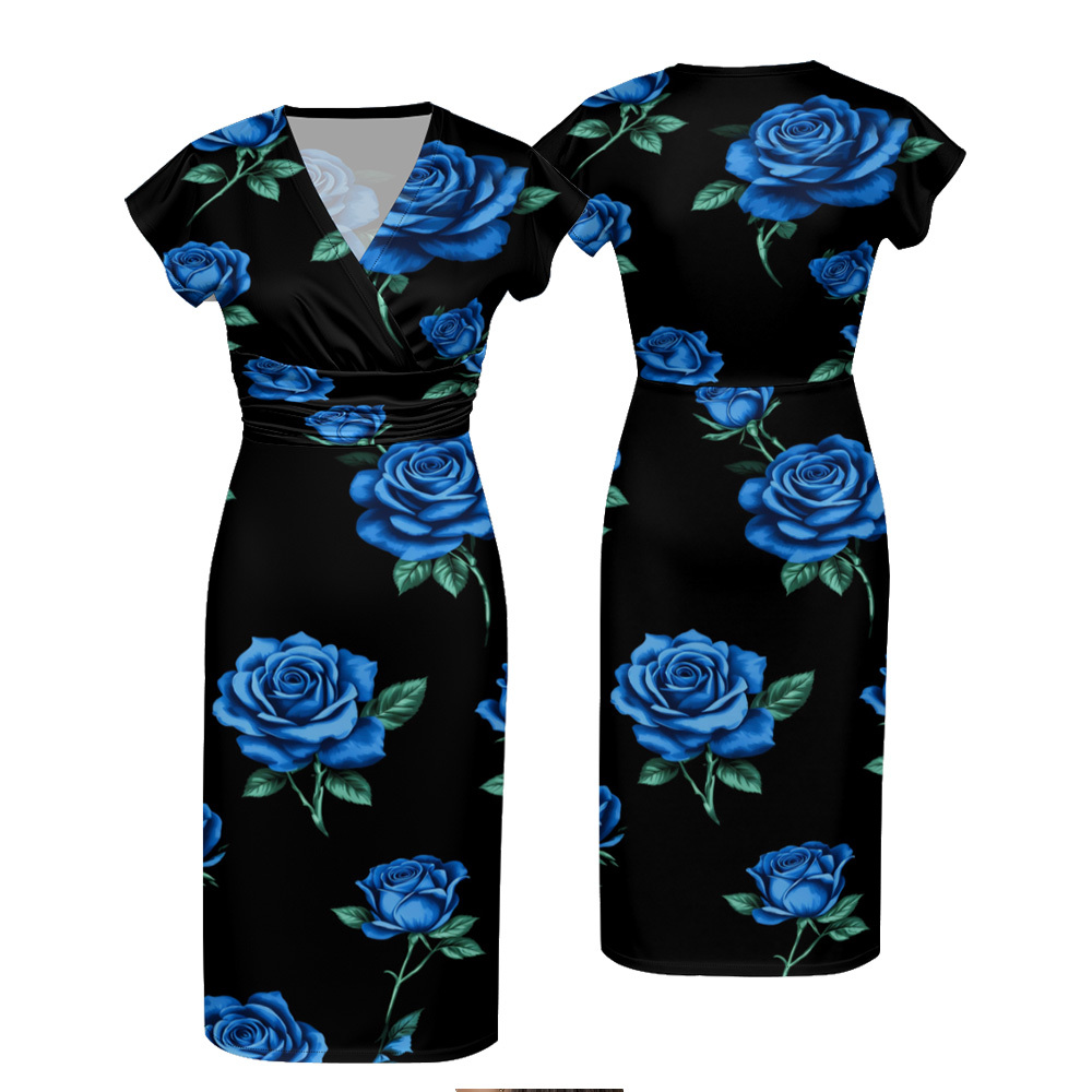 Black Blue Rose Cap Sleeve V-Neck Midi Dress