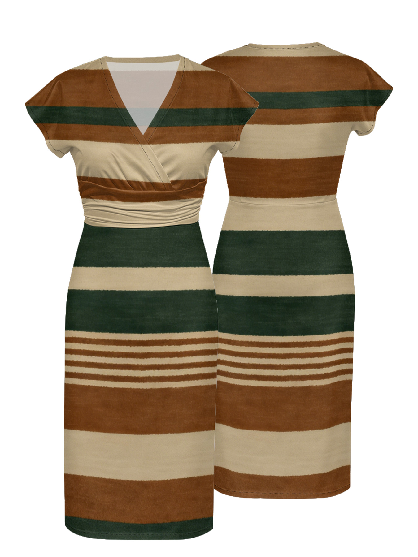 Earth Tone Stripe Cap Sleeve V-Neck Midi Dress IJG7685
