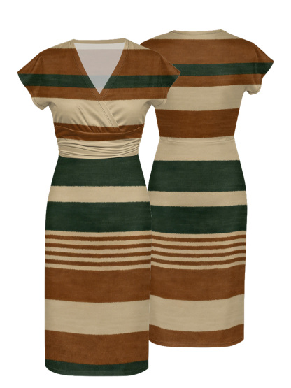 Earth Tone Stripe Cap Sleeve V-Neck Midi Dress IJG7685