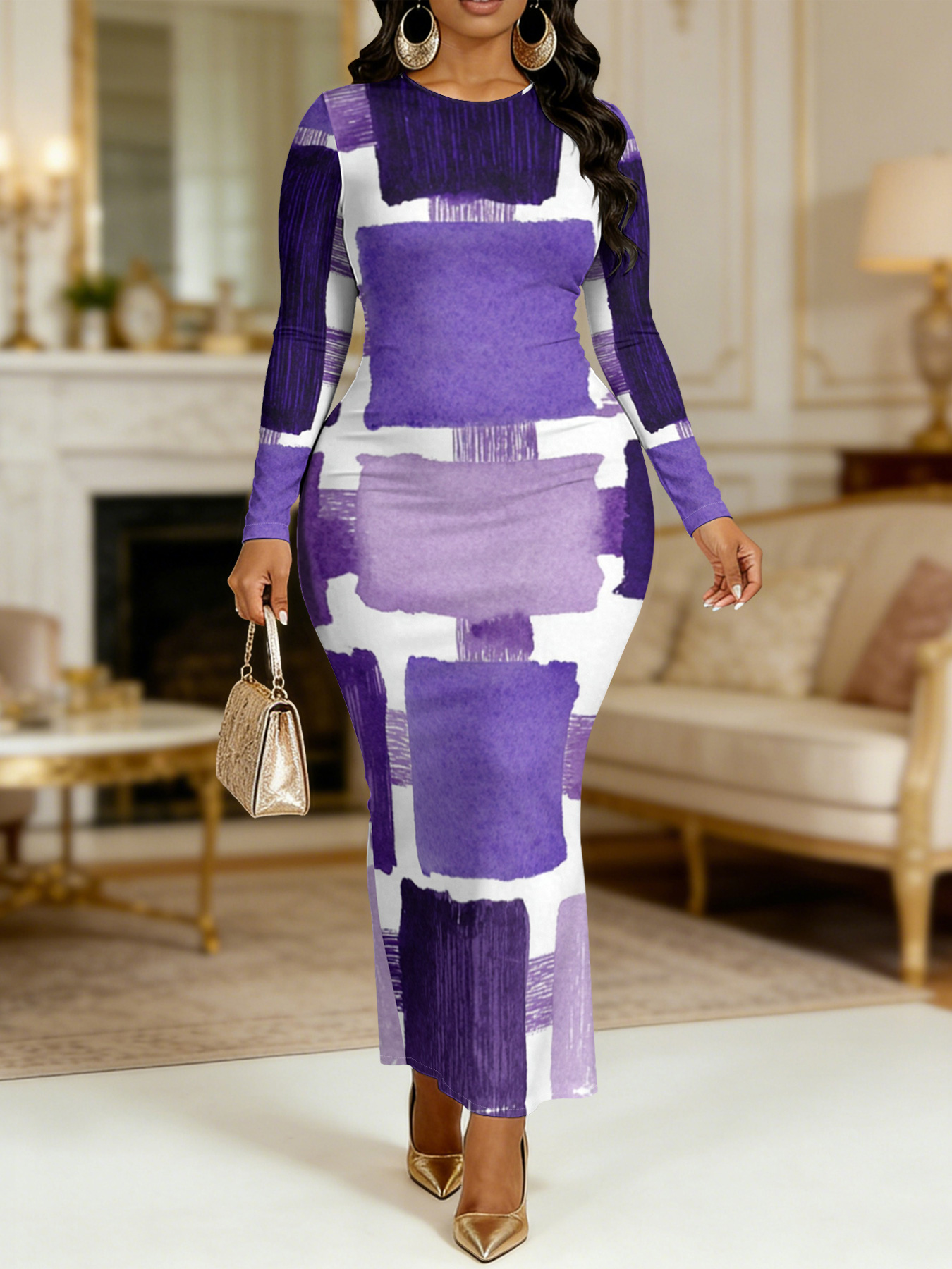 Purple Watercolor Brushstroke Round Sleeve Neck Long Bodycon Dress