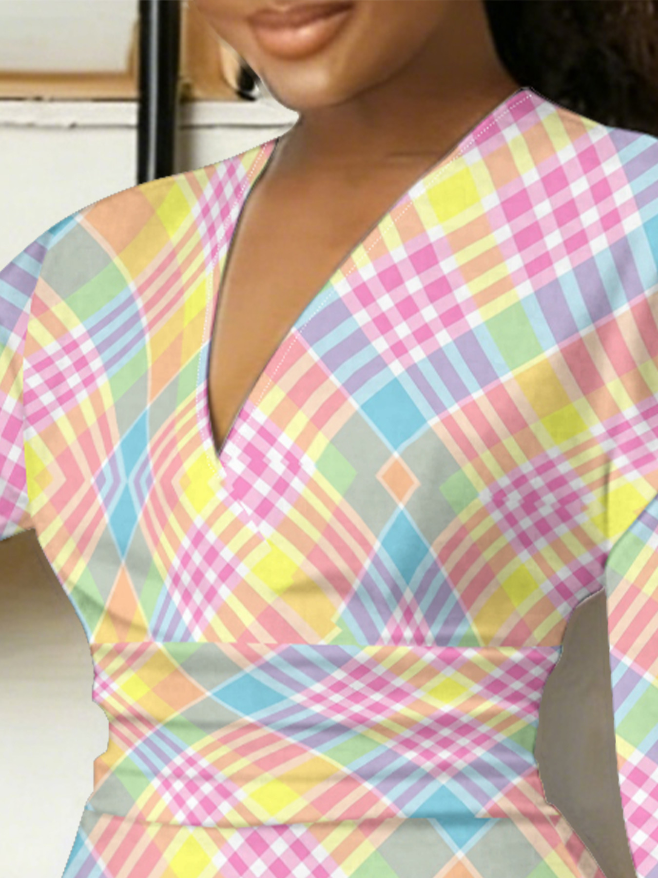 Pastel Plaid V-Neck Bodycon Midi Dress