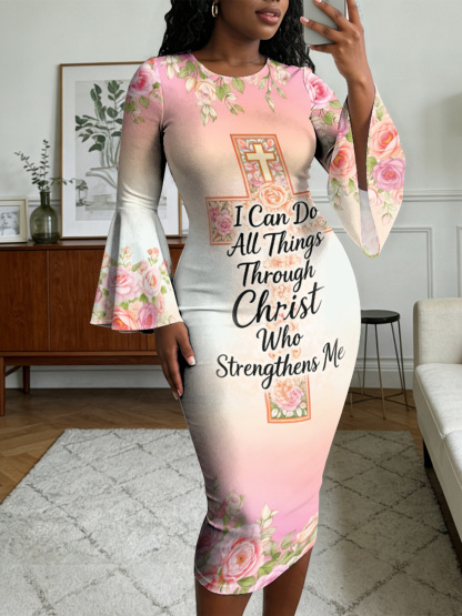Pink Floral Cross Scripture Easter Flare Sleeve Bodycon Midi Dress JIHB2863