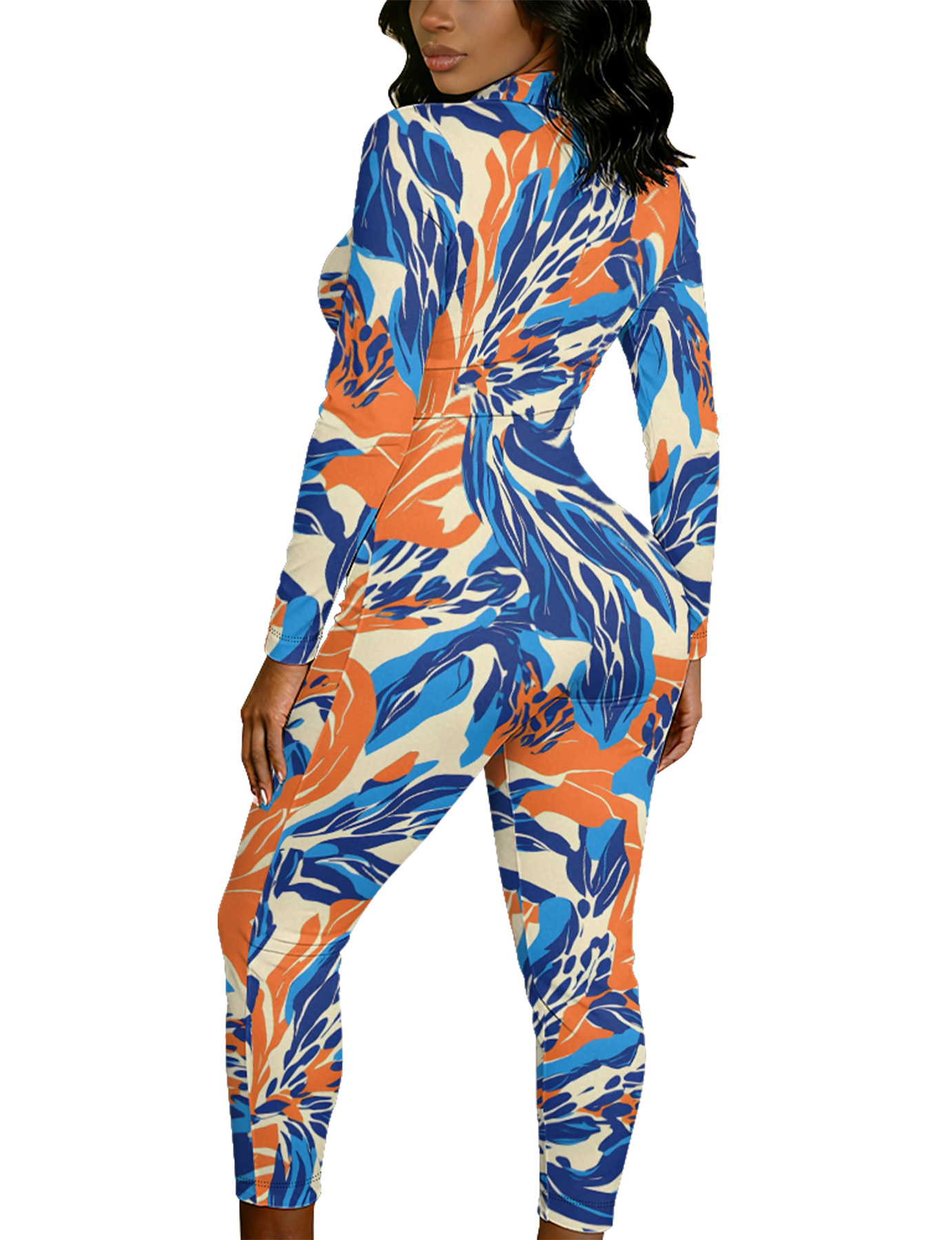 Tropical Floral Long Sleeve Zip-Up Jumpsuit VWX610