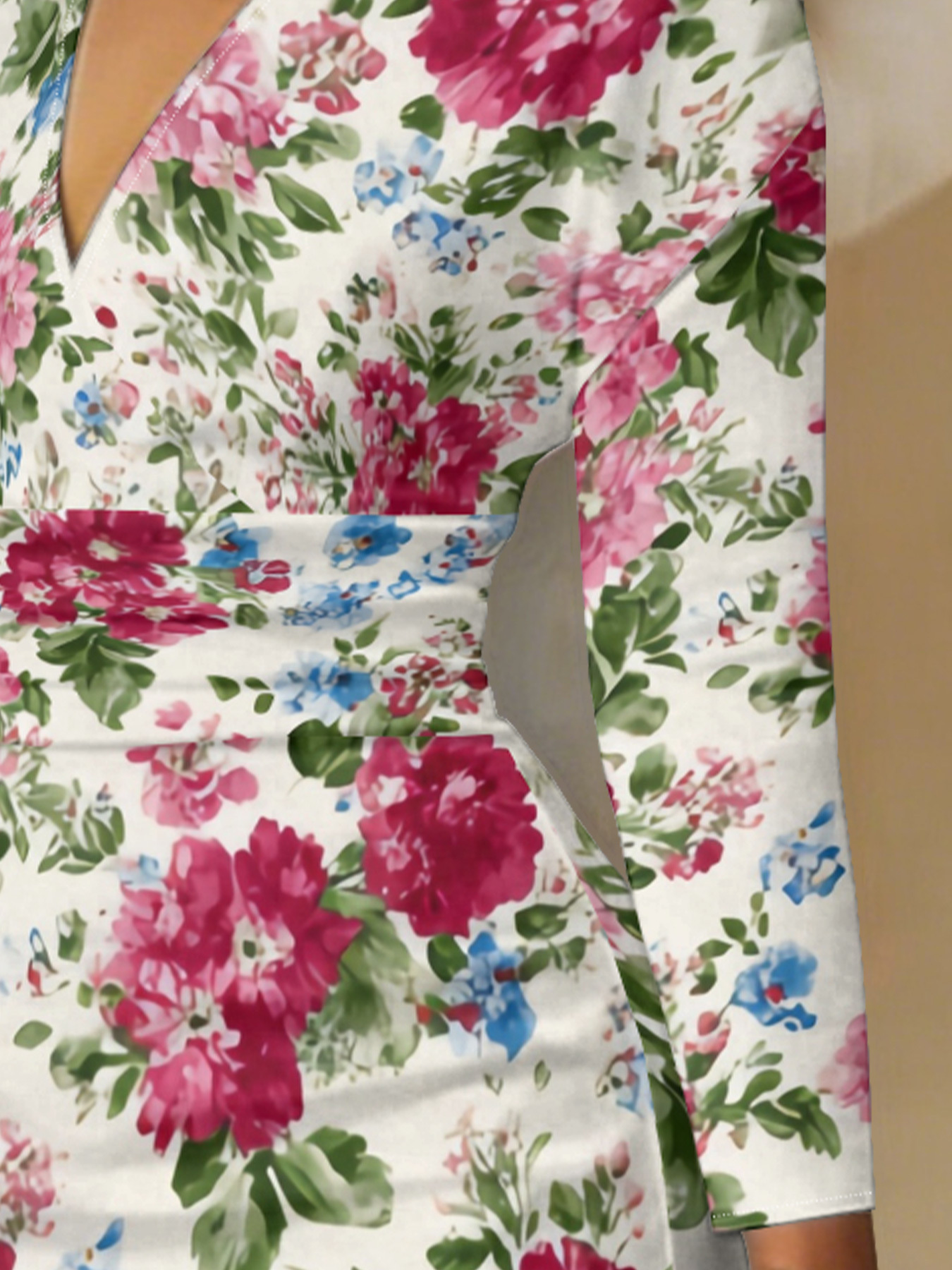 Vibrant Pink & Blue Floral V-Neck Bodycon Midi Dress EHS2468