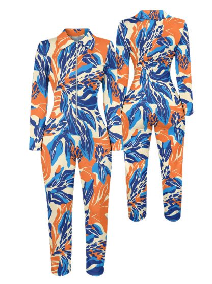 Tropical Floral Long Sleeve Zip-Up Jumpsuit VWX610