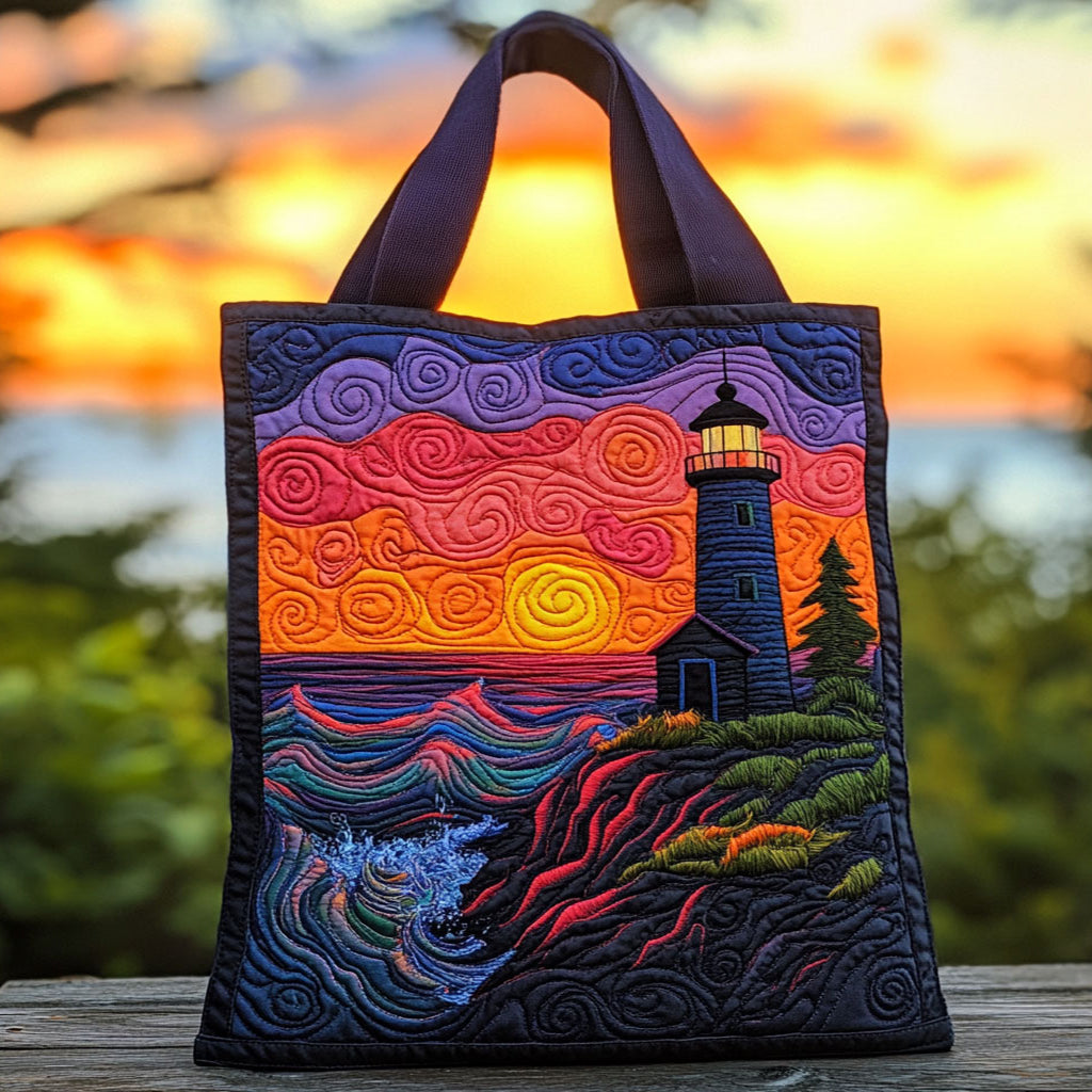 Sunset Glow Lighthouse Quilted Tote Bag  
