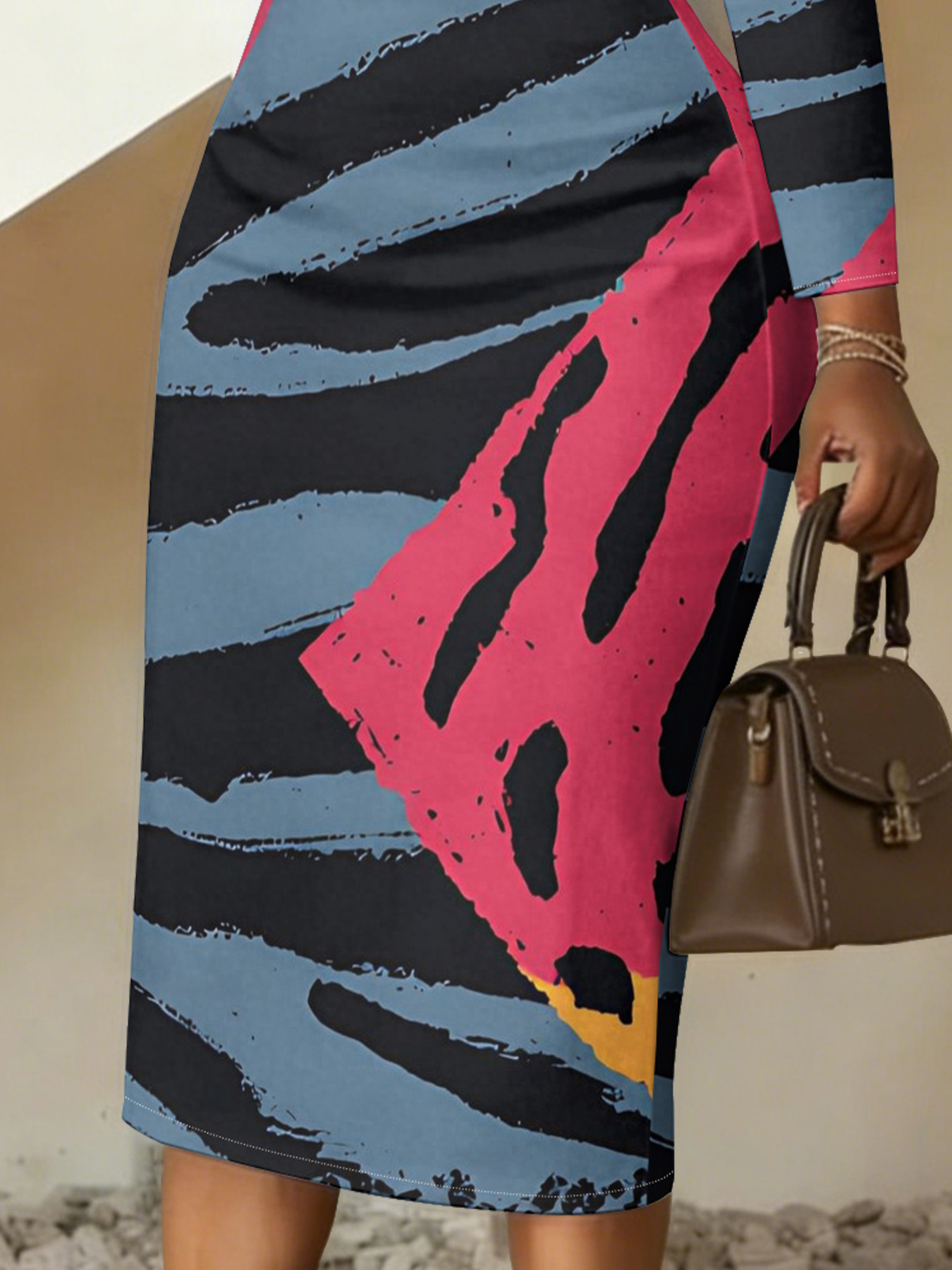 Blue Pink Abstract Brushstroke V-Neck Bodycon Midi Dress 