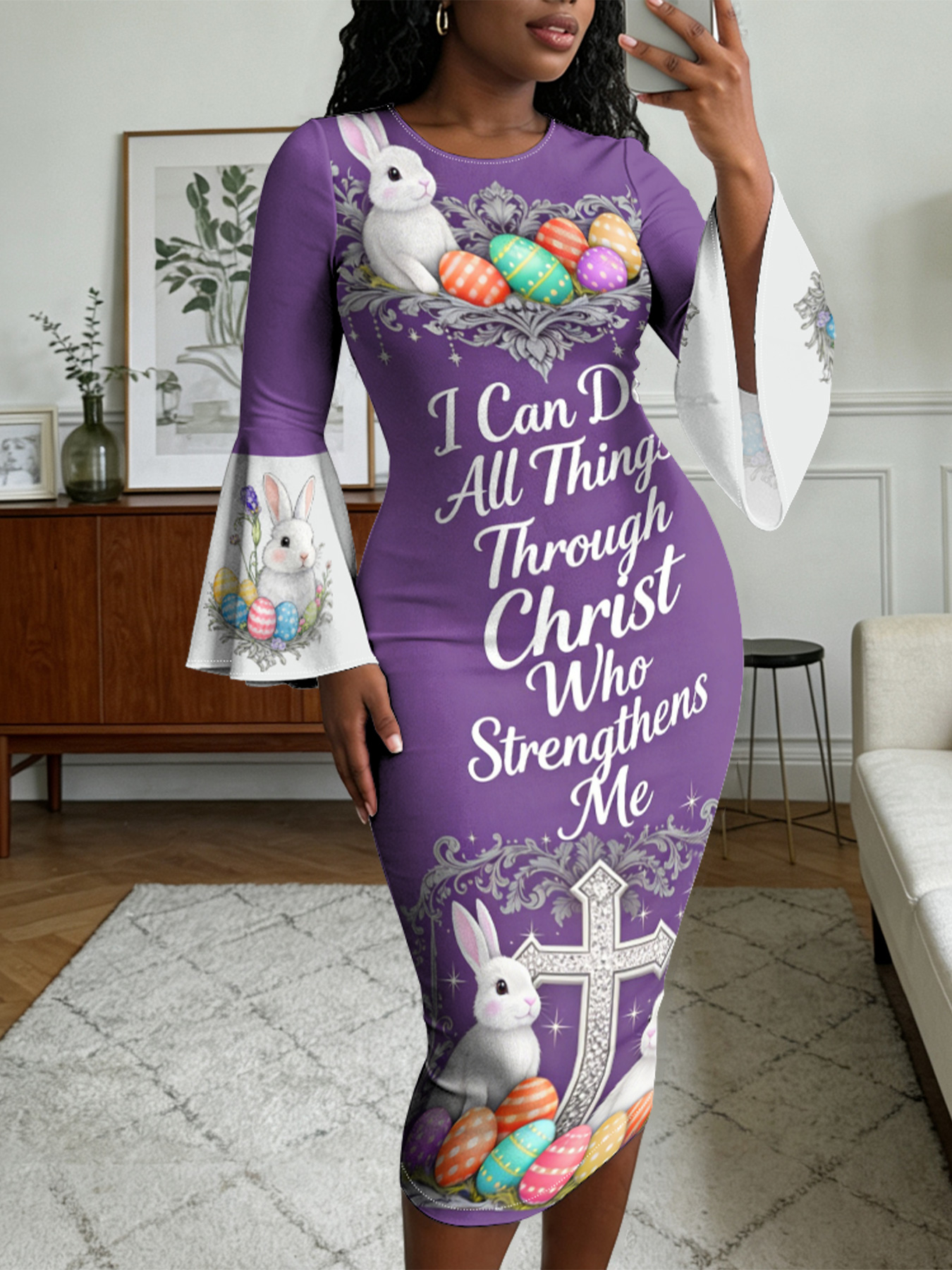 Purple Easter Bunny Cross  Easter Flare Sleeve Bodycon Midi Dress