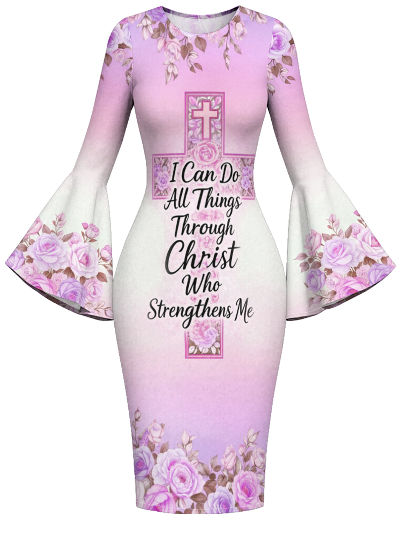 Floral Cross Scripture Easter Flare Sleeve Bodycon Midi Dress JHU758