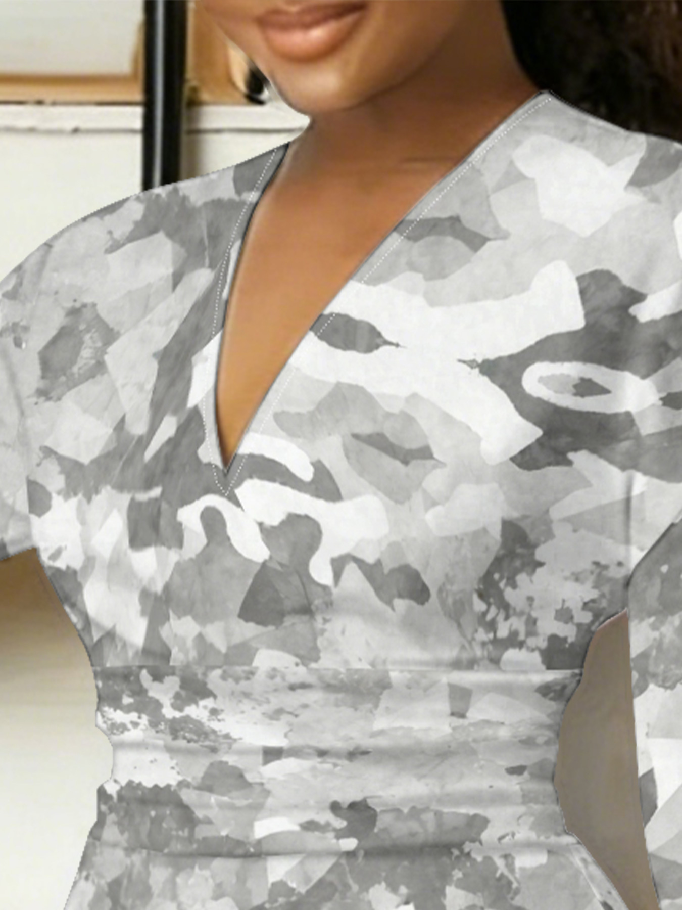 Grey Geometric Camo V-Neck Bodycon Midi Dress FGY2647