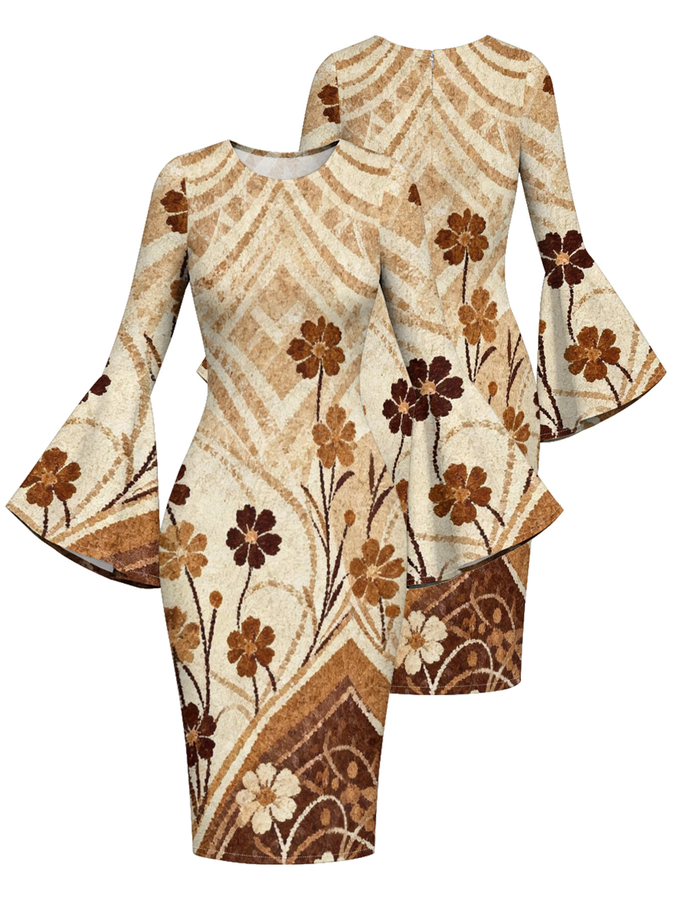 Beige Chevron Floral Flare Sleeve Bodycon Midi Dress ZYW731