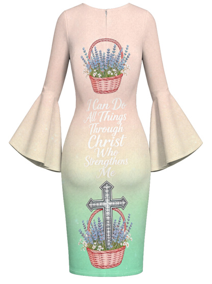 Ombre Pink-Green Lavender Cross Easter Flare Sleeve Bodycon Midi Dress