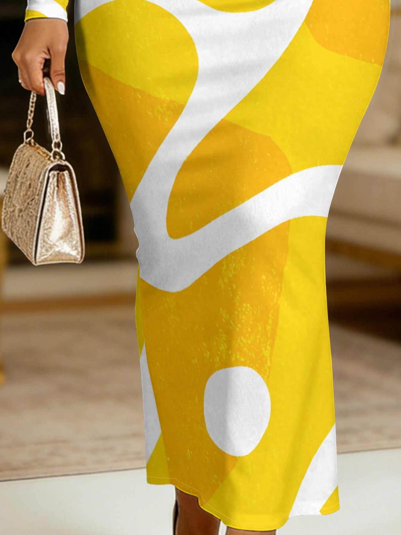 Yellow & White Abstract Swirl Round Sleeve Neck Long Bodycon Dress