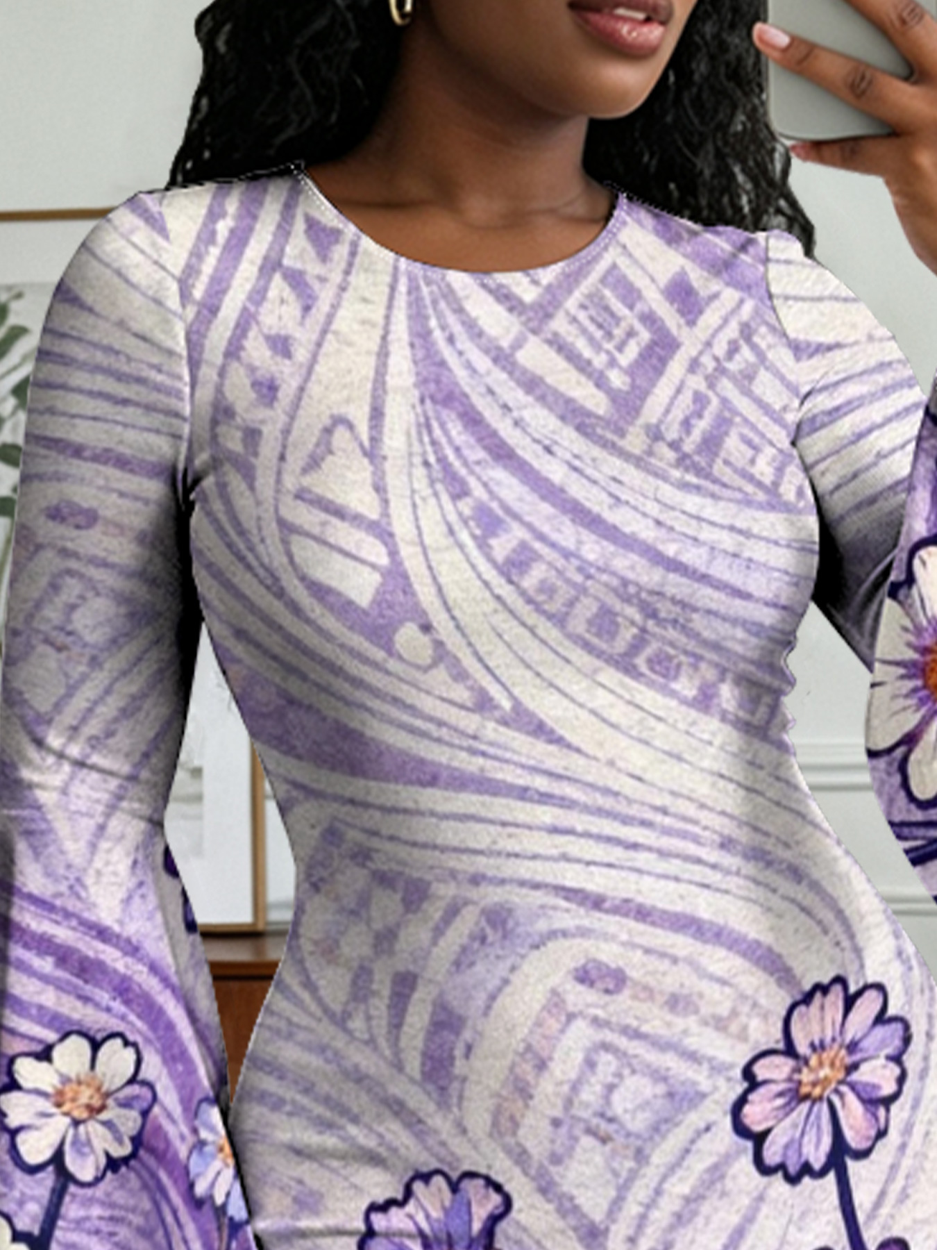 Purple Geometric Floral Flare Sleeve Bodycon Midi Dress HGF630
