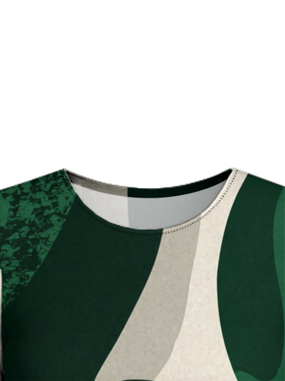 Green & White Abstract Flare Sleeve Bodycon Midi Dress