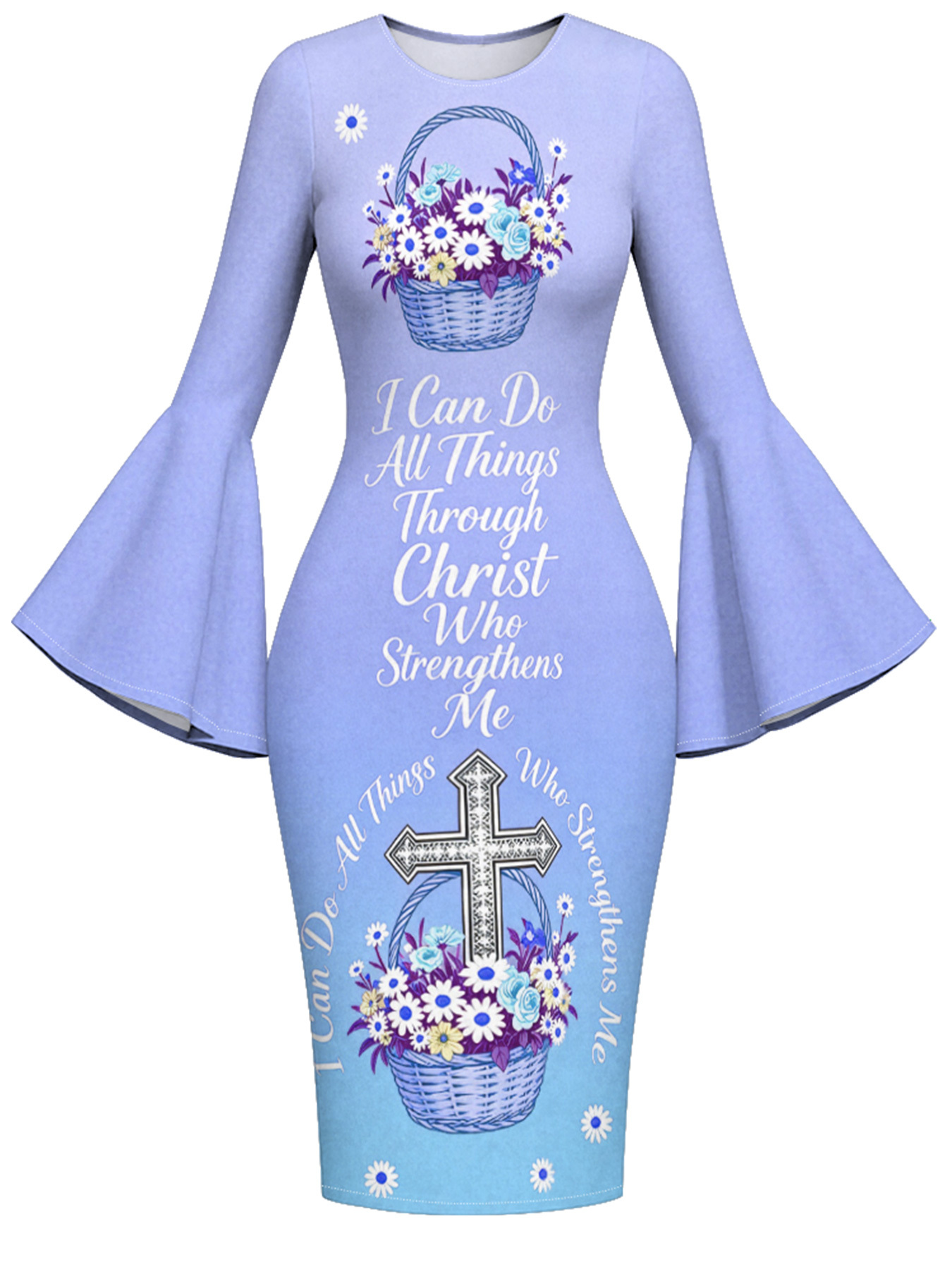 Periwinkle Blue Floral Basket Cross Easter Flare Sleeve Bodycon Midi Dress