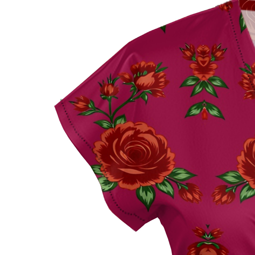 Fuchsia Red Rose Cap Sleeve V-Neck Midi Dress AGI420