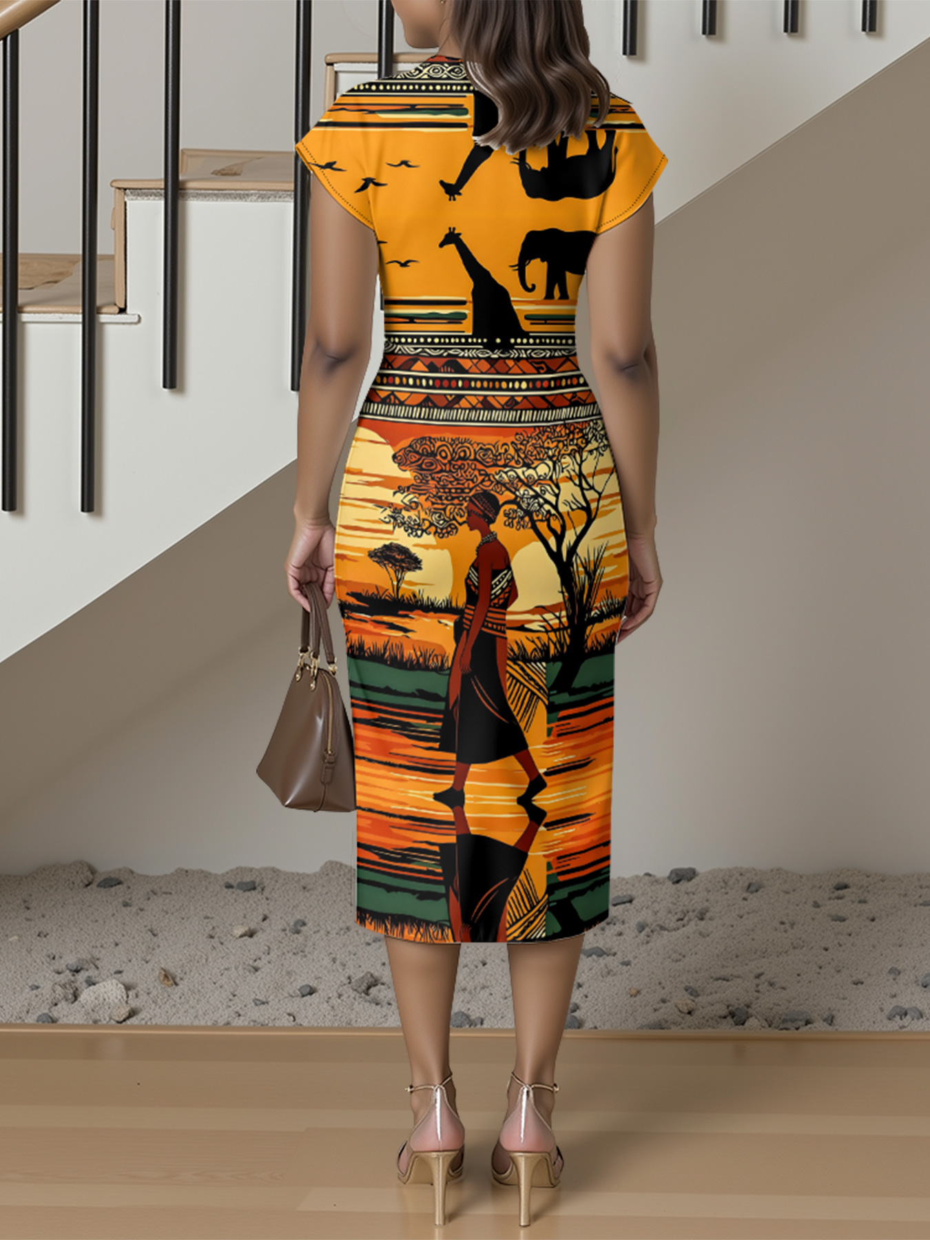 African Savannah Sunset Cap Sleeve V-Neck Midi Dress YUN345