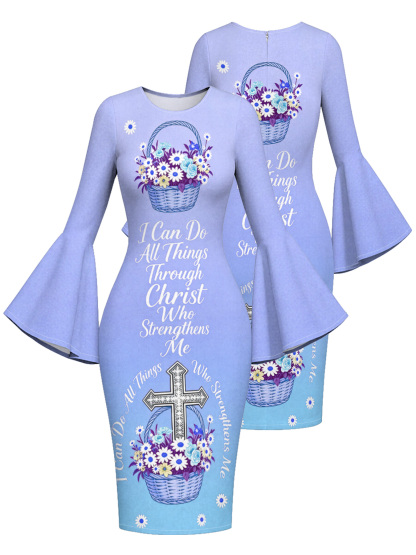 Periwinkle Blue Floral Basket Cross Easter Flare Sleeve Bodycon Midi Dress