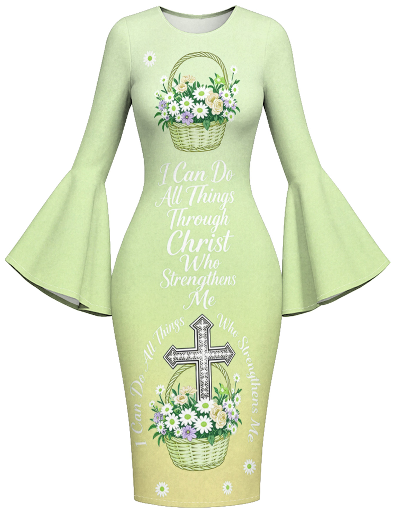 Light Green Floral Basket Cross Easter Flare Sleeve Bodycon Midi Dress