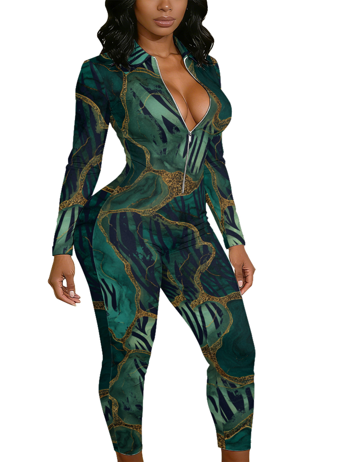 Emerald Green Marble Long Sleeve Zip-Up Jumpsuit UVW721