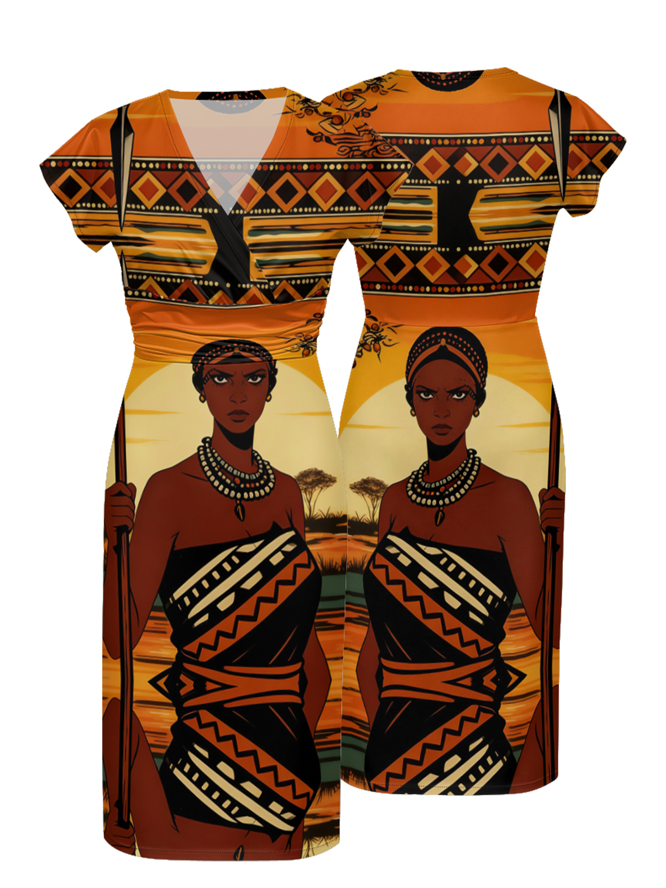 African Queen Portrait Cap Sleeve V-Neck Midi Dress IYT99035