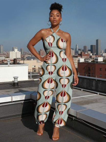 Geometric Teardrop Sleeveless Halter Jumpsuit