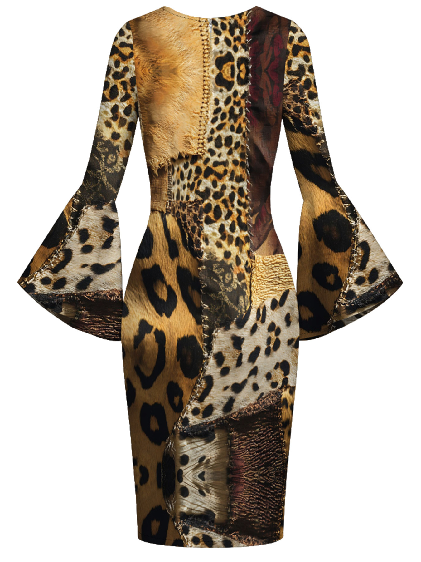 Patchwork Leopard Print Bell Flare Sleeve Bodycon Midi Dress