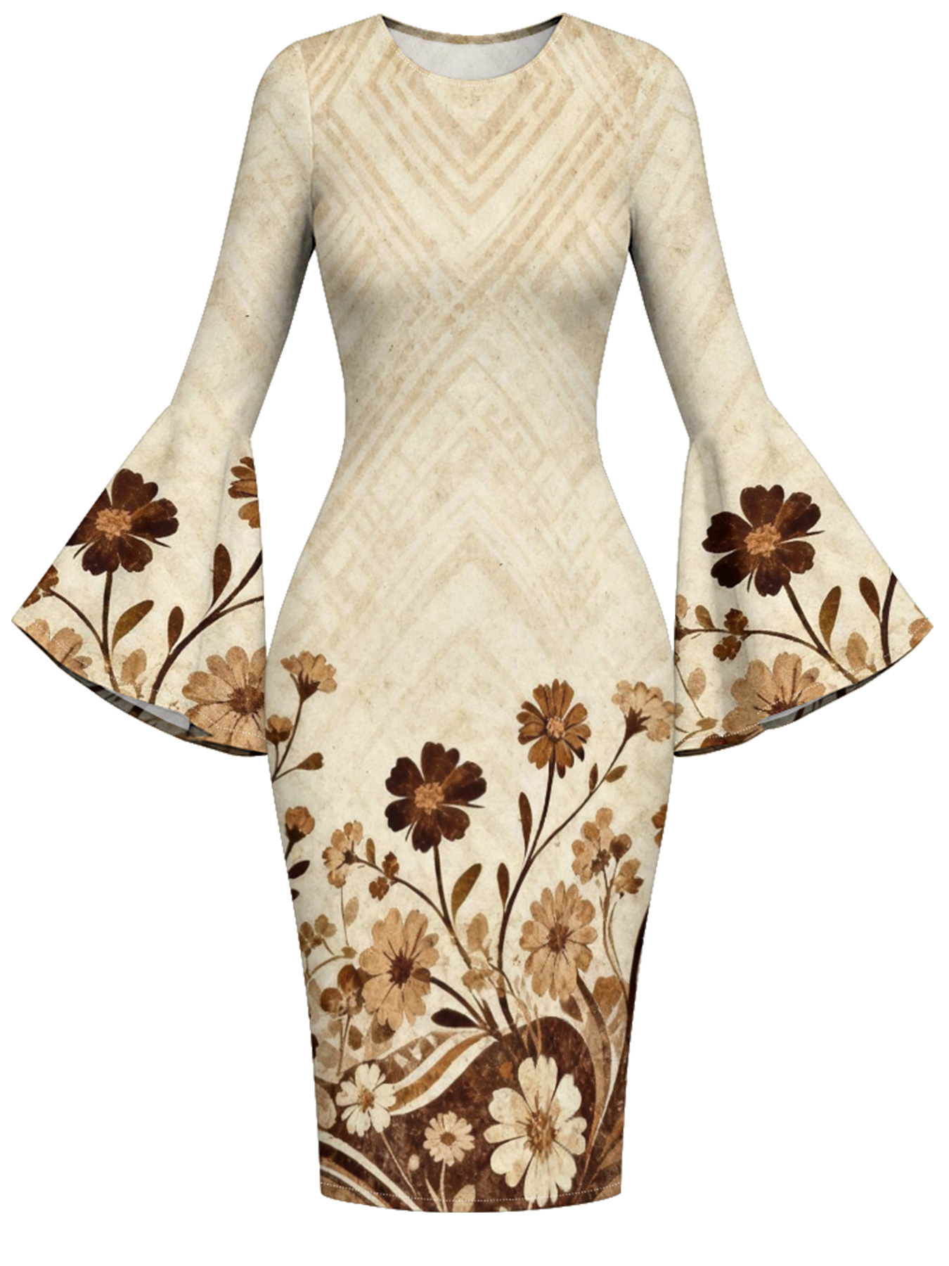 Beige Chevron Floral Flare Sleeve Bodycon Midi Dress FED951