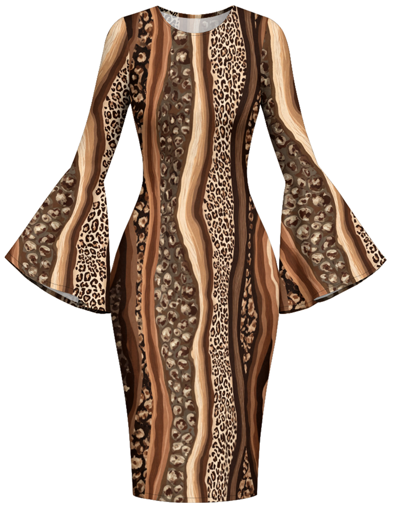 Brown Stripe & Leopard Print Bell Flare Sleeve Bodycon Midi Dress