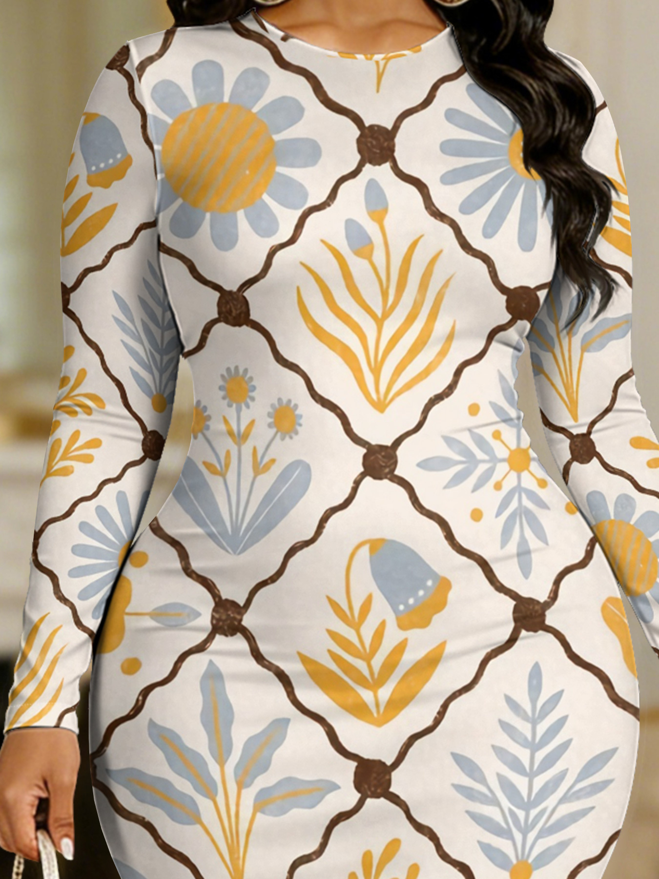 Botanical Tile Round Sleeve Neck Long Bodycon Dress