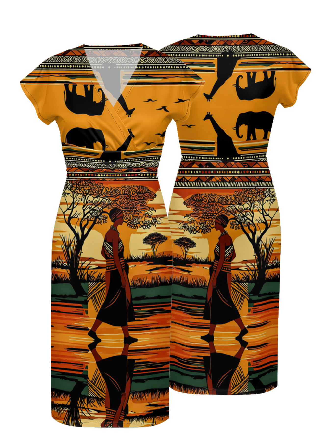 African Savannah Sunset Cap Sleeve V-Neck Midi Dress YUN345