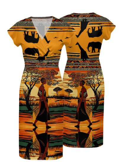 African Savannah Sunset Cap Sleeve V-Neck Midi Dress YUN345