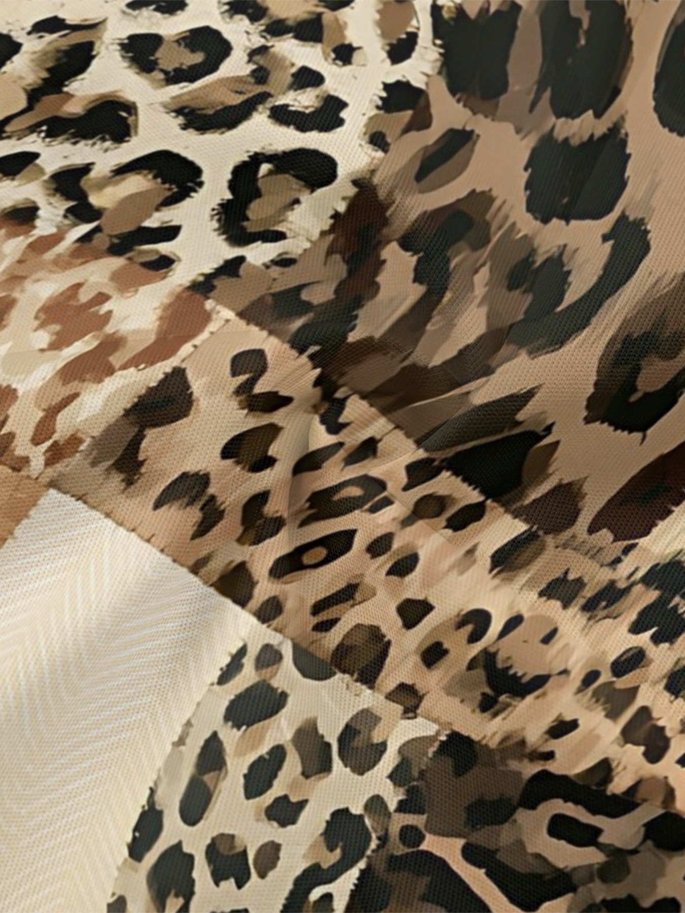 Neutral Patchwork Leopard Print Bell Flare Sleeve Bodycon Midi Dress